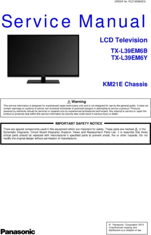 Panasonic tx l39em6b service manual cover with photo of the television, TV type, chassis code, model code, creation date and document number