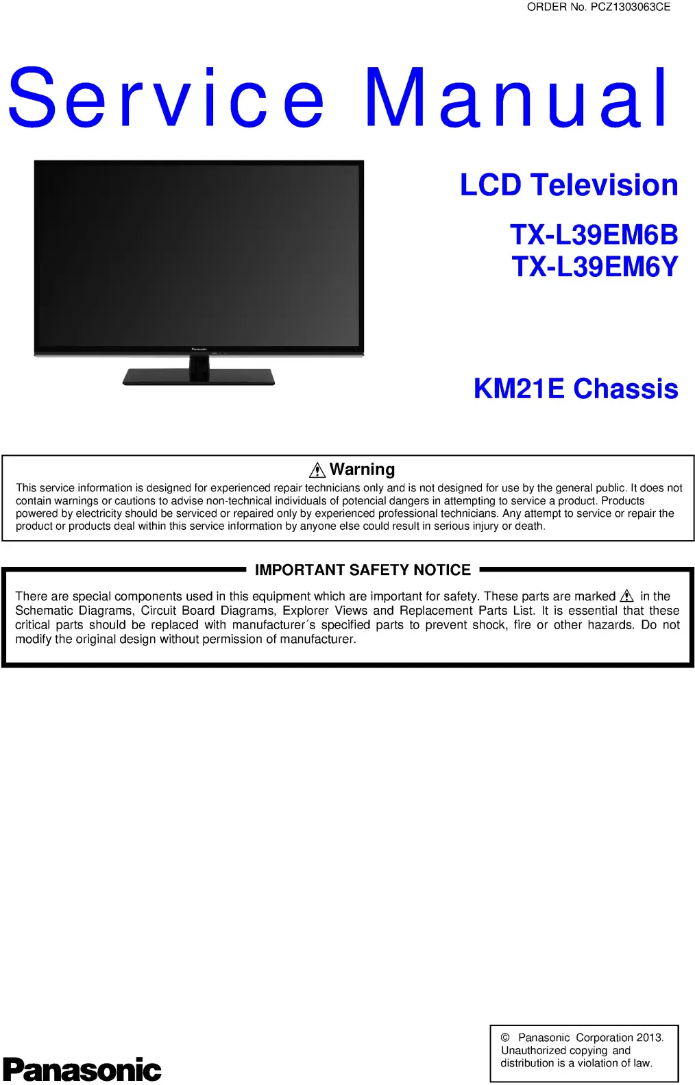 Panasonic tx l39em6b service manual cover with photo of the television, TV type, chassis code, model code, creation date and document number