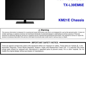 Panasonic tx l39em6e service manual cover with photo of the television, TV type, chassis code, model code, creation date and document number