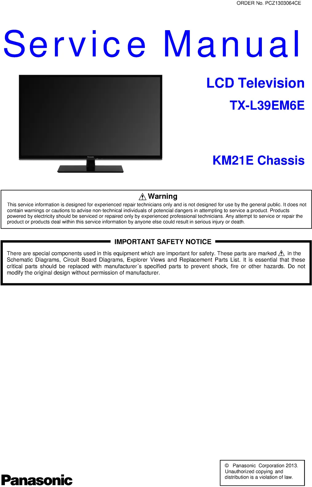 Panasonic tx l39em6e service manual cover with photo of the television, TV type, chassis code, model code, creation date and document number