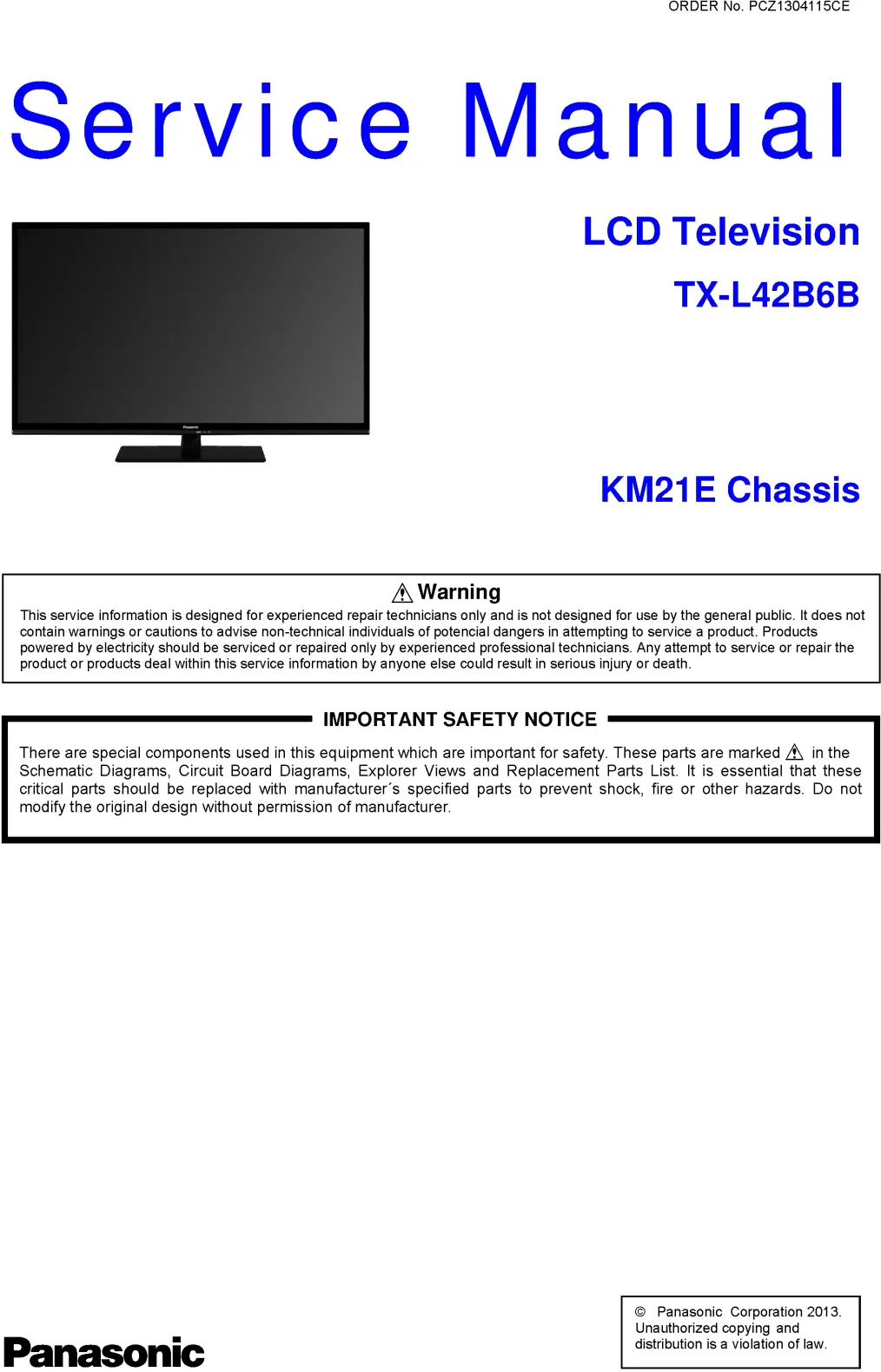 Panasonic tx l42b6b service manual cover with photo of the television, TV type, chassis code, model code, creation date and document number