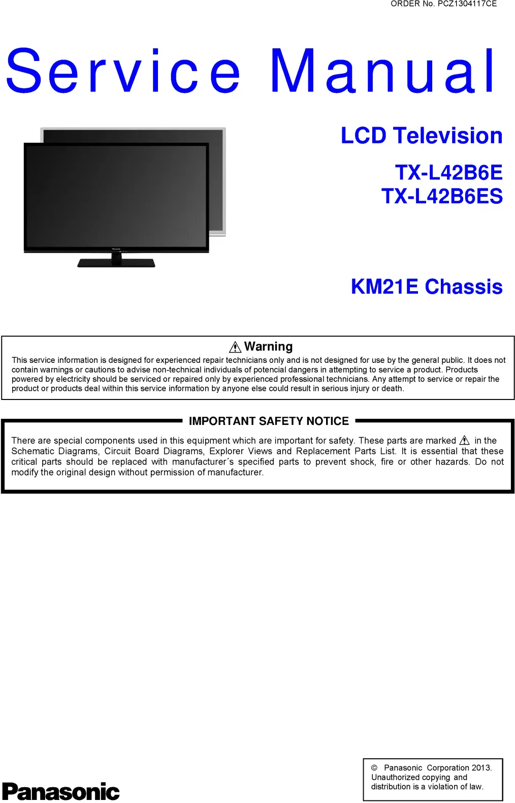 Panasonic tx l42b6e l42b6es service manual cover with photo of the television, TV type, chassis code, model code, creation date and document number