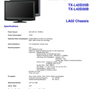 Panasonic tx l42d25b l42d26b service manual cover with photo of the television, TV type, chassis code, model code, creation date and document number