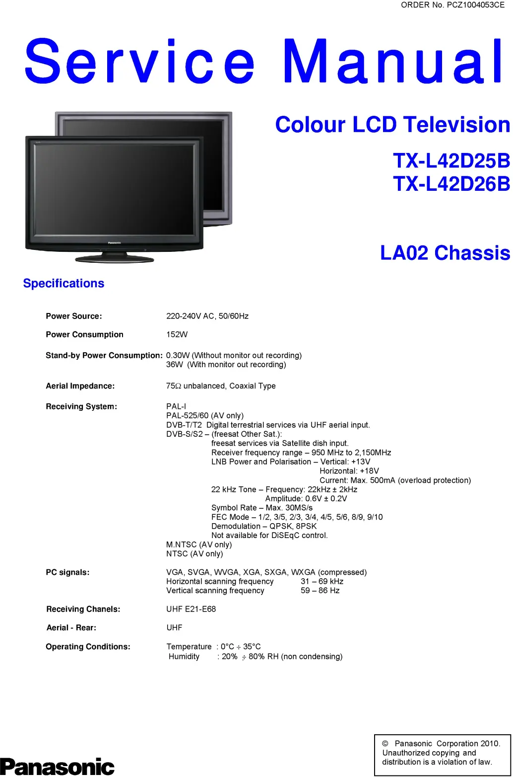 Panasonic tx l42d25b l42d26b service manual cover with photo of the television, TV type, chassis code, model code, creation date and document number