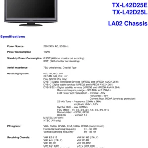 Panasonic tx l42d25e l42d25l service manual cover with photo of the television, TV type, chassis code, model code, creation date and document number