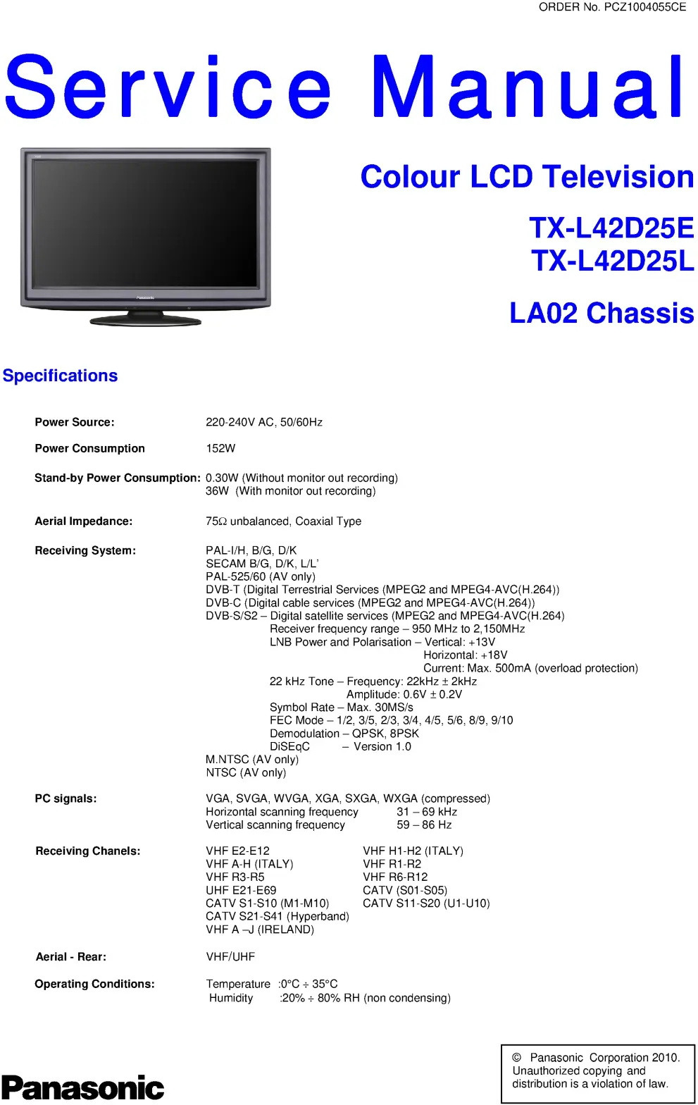 Panasonic tx l42d25e l42d25l service manual cover with photo of the television, TV type, chassis code, model code, creation date and document number