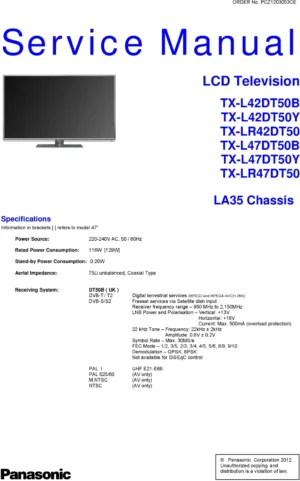 Panasonic tx l42dt50b service manual cover with photo of the television, TV type, chassis code, model code, creation date and document number