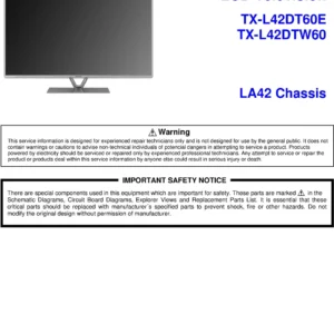 Panasonic tx l42dt60e service manual cover with photo of the television, TV type, chassis code, model code, creation date and document number