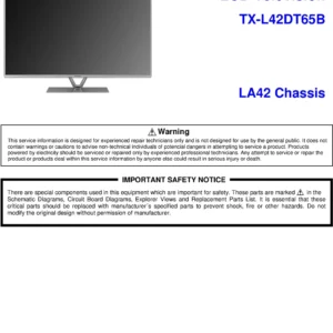 Panasonic tx l42dt65b service manual cover with photo of the television, TV type, chassis code, model code, creation date and document number