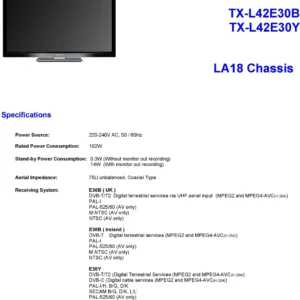 Panasonic tx l42e30b l42e30y service manual cover with photo of the television, TV type, chassis code, model code, creation date and document number