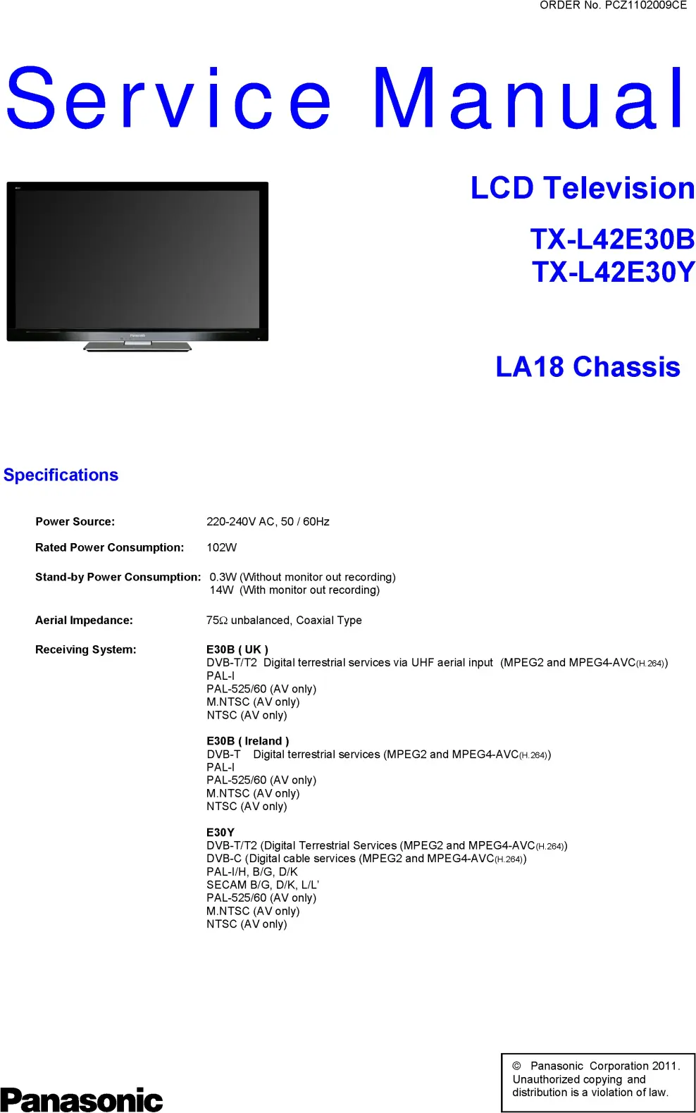 Panasonic tx l42e30b l42e30y service manual cover with photo of the television, TV type, chassis code, model code, creation date and document number