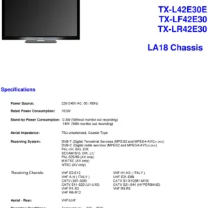 Panasonic tx l42e30e lf42e30 lr42e30 service manual cover with photo of the television, TV type, chassis code, model code, creation date and document number
