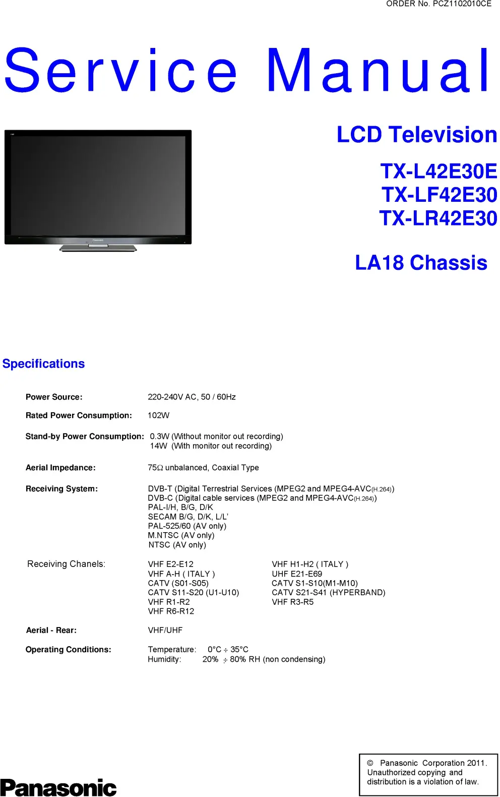 Panasonic tx l42e30e service manual cover with photo of the television, TV type, chassis code, model code, creation date and document number