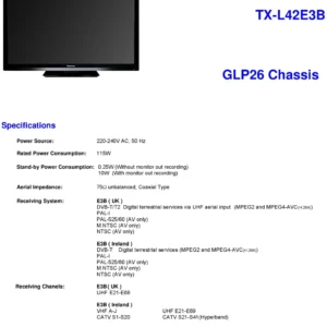Panasonic tx l42e3b service manual cover with photo of the television, TV type, chassis code, model code, creation date and document number