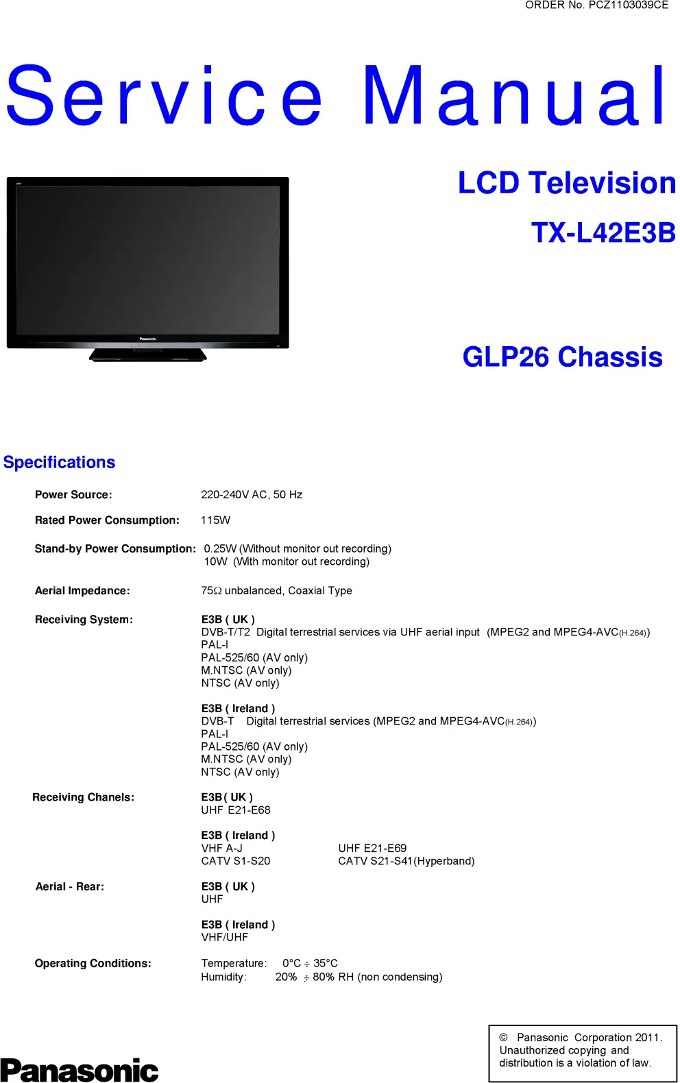 Panasonic tx l42e3b service manual cover with photo of the television, TV type, chassis code, model code, creation date and document number