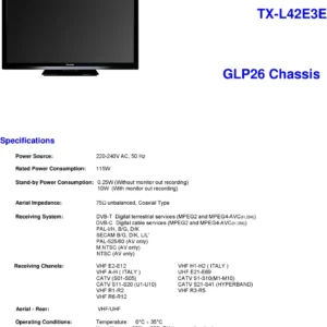 Panasonic tx l42e3e service manual cover with photo of the television, TV type, chassis code, model code, creation date and document number