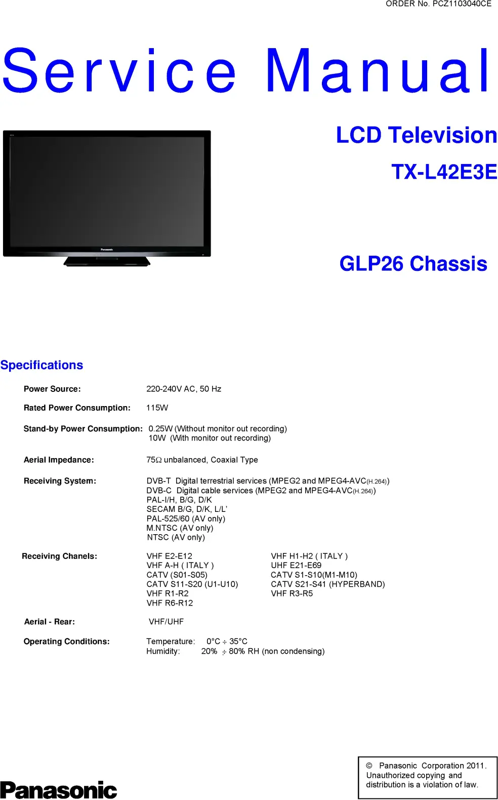 Panasonic tx l42e3e service manual cover with photo of the television, TV type, chassis code, model code, creation date and document number