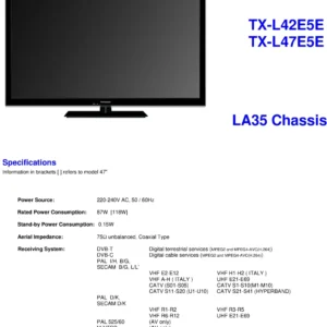 Panasonic tx l42e5e service manual cover with photo of the television, TV type, chassis code, model code, creation date and document number