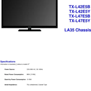 Panasonic tx l42e5y service manual cover with photo of the television, TV type, chassis code, model code, creation date and document number