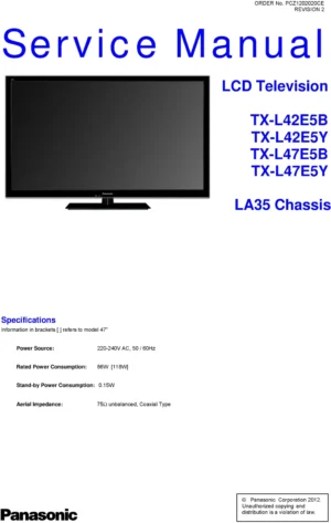 Panasonic tx l42e5y service manual cover with photo of the television, TV type, chassis code, model code, creation date and document number
