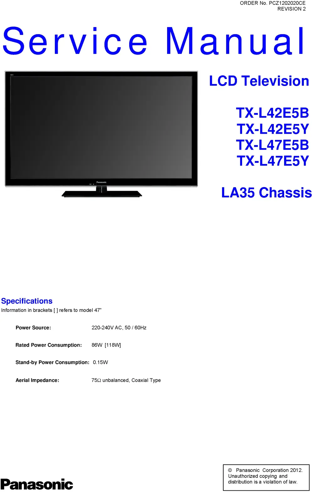 Panasonic tx l42e5y service manual cover with photo of the television, TV type, chassis code, model code, creation date and document number