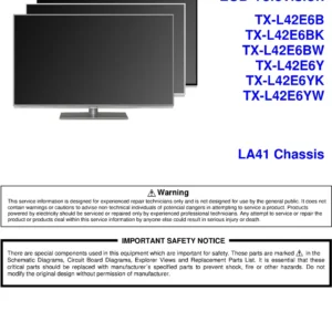 Panasonic tx l42e6b l42e6bk l42e6bw service manual cover with photo of the television, TV type, chassis code, model code, creation date and document number