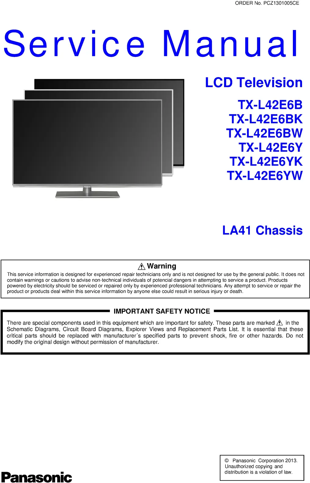 Panasonic tx l42e6b l42e6bk l42e6bw service manual cover with photo of the television, TV type, chassis code, model code, creation date and document number