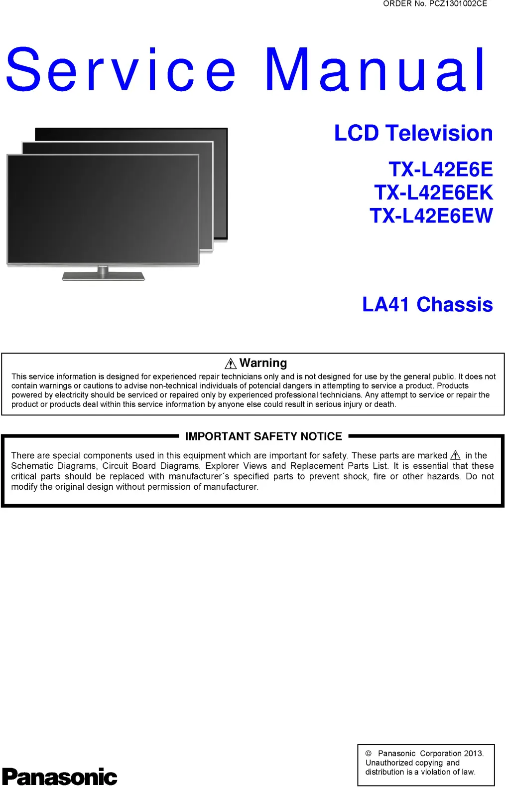 Panasonic tx l42e6e l42e6ek l42e6ew service manual cover with photo of the television, TV type, chassis code, model code, creation date and document number