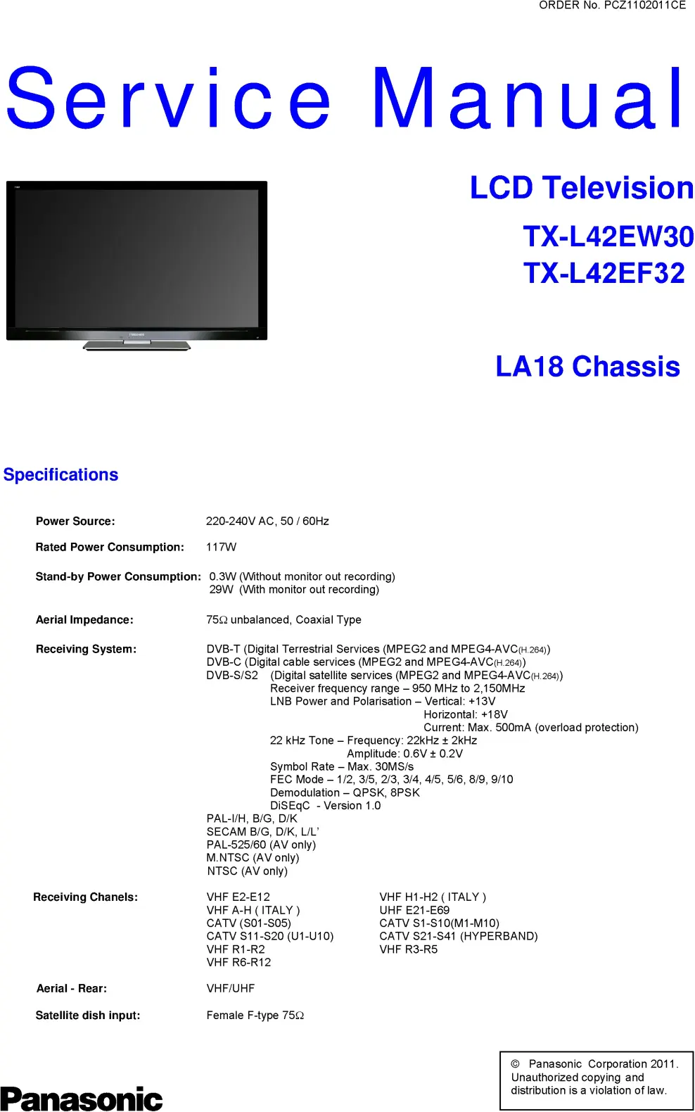 Panasonic tx l42ef32 service manual cover with photo of the television, TV type, chassis code, model code, creation date and document number