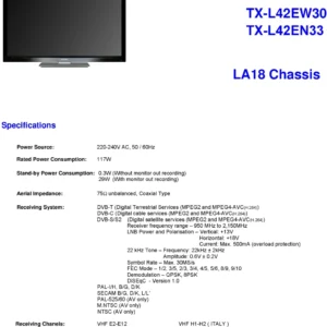 Panasonic tx l42en33 service manual cover with photo of the television, TV type, chassis code, model code, creation date and document number