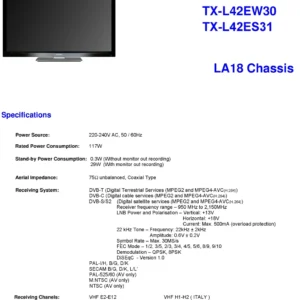 Panasonic tx l42es31 service manual cover with photo of the television, TV type, chassis code, model code, creation date and document number