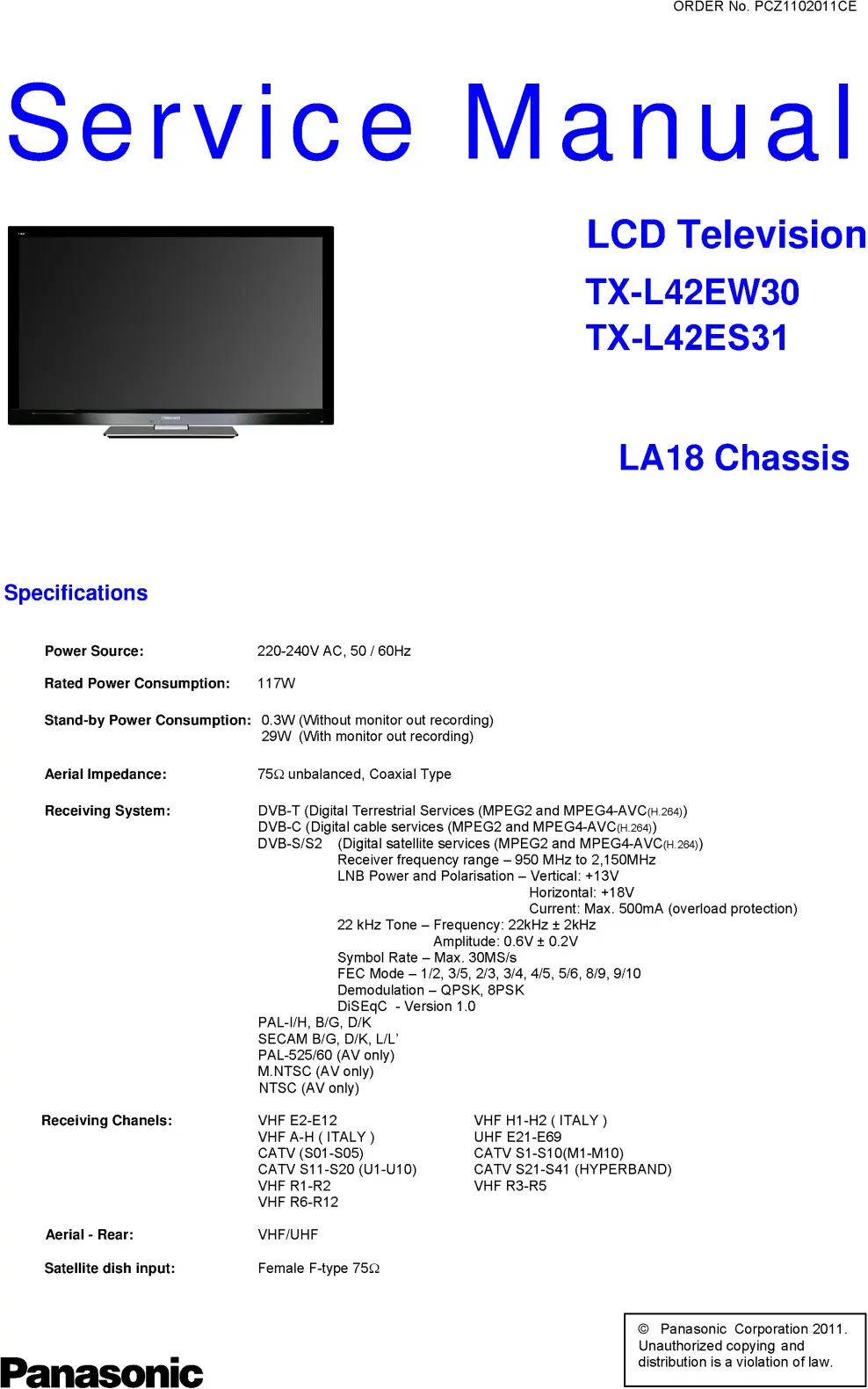 Panasonic tx l42es31 service manual cover with photo of the television, TV type, chassis code, model code, creation date and document number