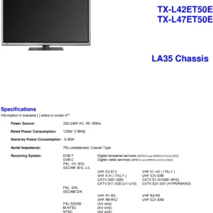 Panasonic tx l42et50e service manual cover with photo of the television, TV type, chassis code, model code, creation date and document number