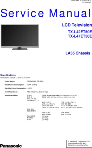 Panasonic tx l42et50e service manual cover with photo of the television, TV type, chassis code, model code, creation date and document number