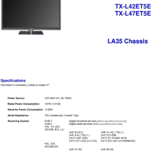 Panasonic tx l42et5e service manual cover with photo of the television, TV type, chassis code, model code, creation date and document number