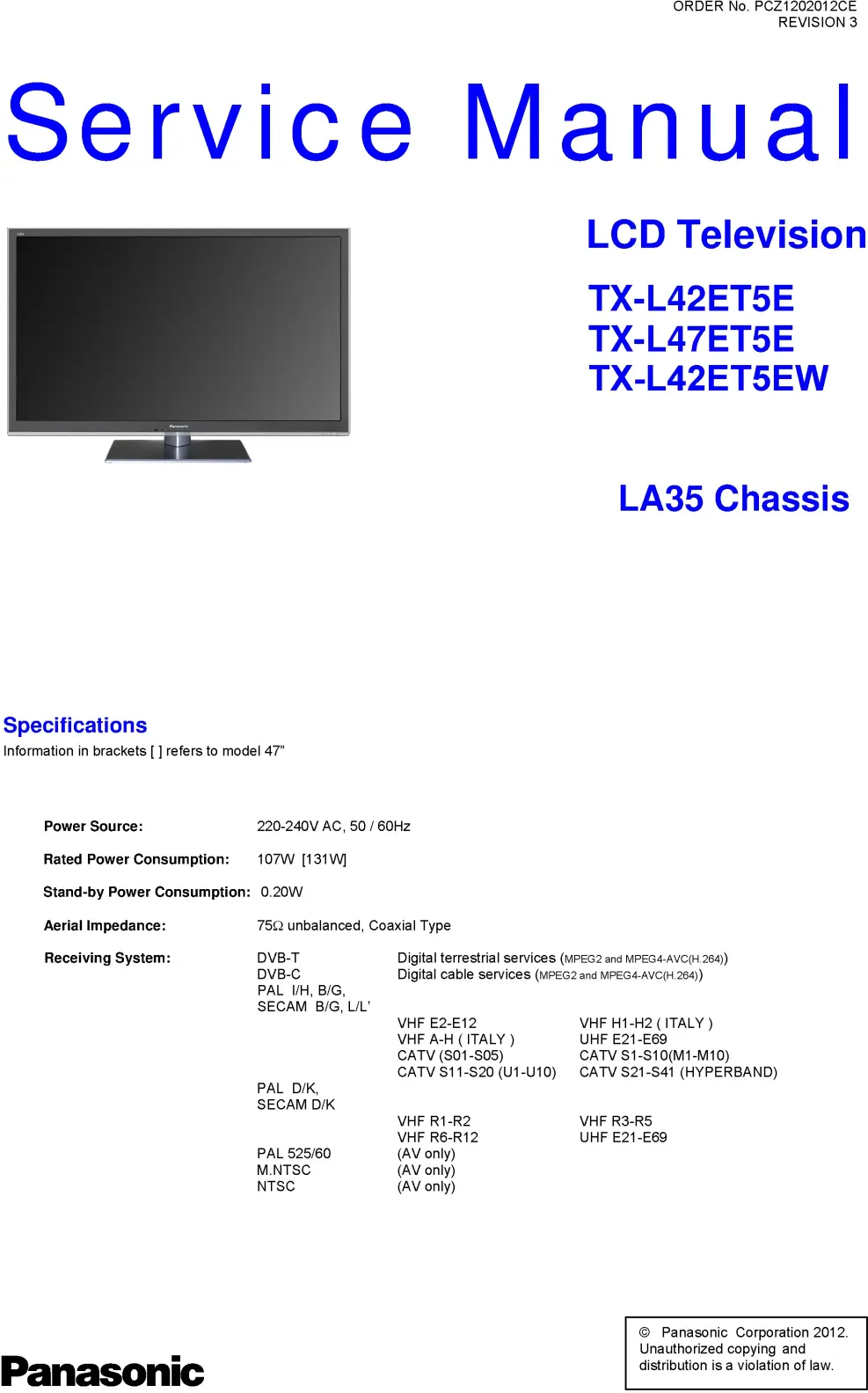 Panasonic tx l42et5ew service manual cover with photo of the television, TV type, chassis code, model code, creation date and document number