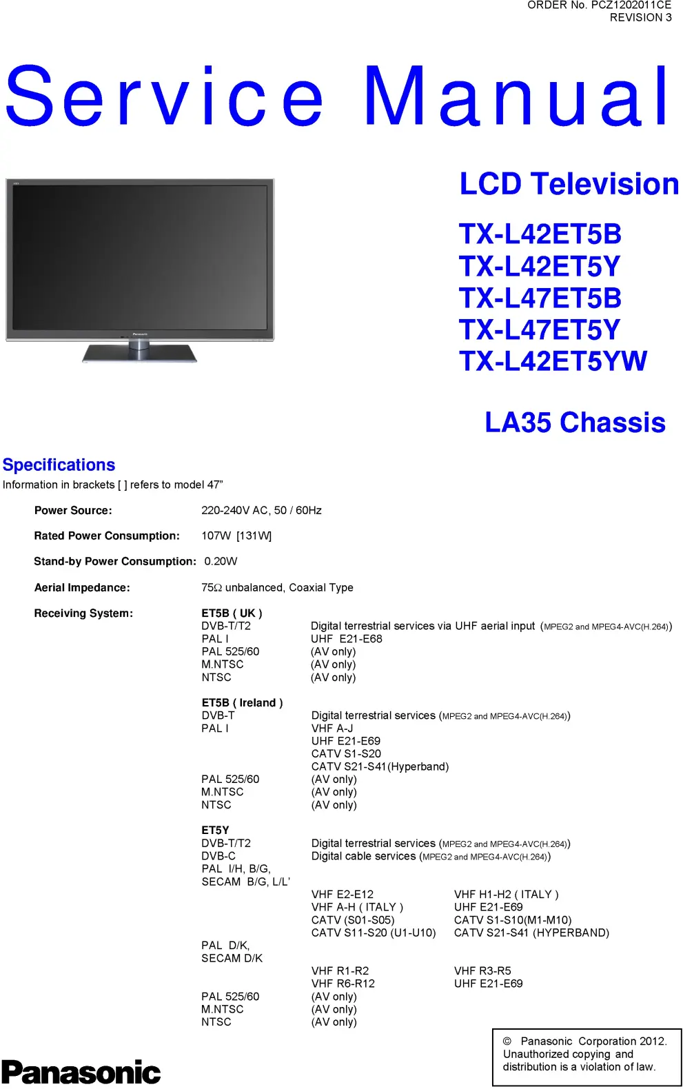 Panasonic tx l42et5yw service manual cover with photo of the television, TV type, chassis code, model code, creation date and document number