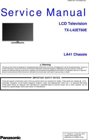 Panasonic tx l42et60e service manual cover with photo of the television, TV type, chassis code, model code, creation date and document number