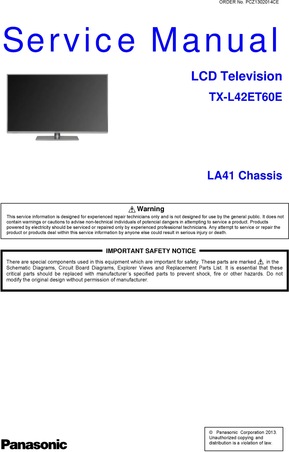 Panasonic tx l42et60e service manual cover with photo of the television, TV type, chassis code, model code, creation date and document number
