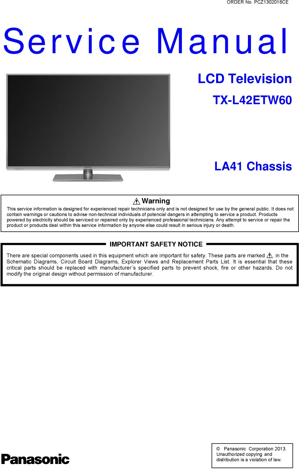 Panasonic tx l42etw60 service manual cover with photo of the television, TV type, chassis code, model code, creation date and document number
