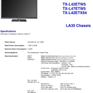 Panasonic tx l42etx54 service manual cover with photo of the television, TV type, chassis code, model code, creation date and document number