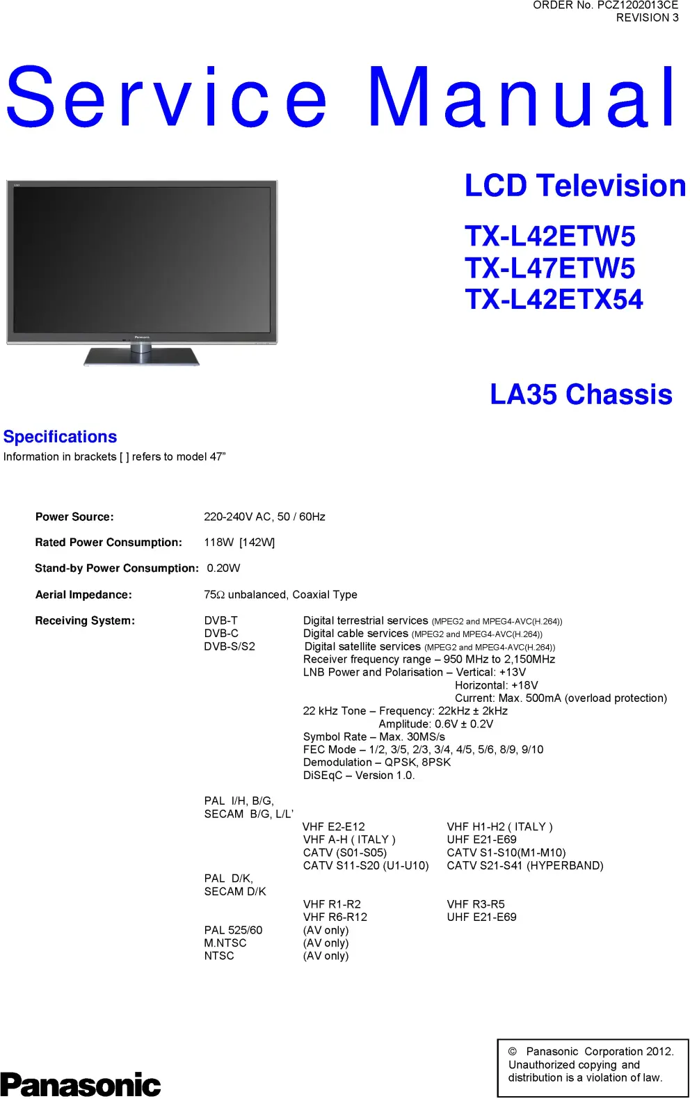 Panasonic tx l42etx54 service manual cover with photo of the television, TV type, chassis code, model code, creation date and document number