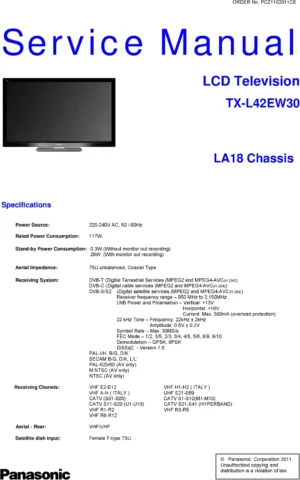 Panasonic tx l42ew30 service manual cover with photo of the television, TV type, chassis code, model code, creation date and document number