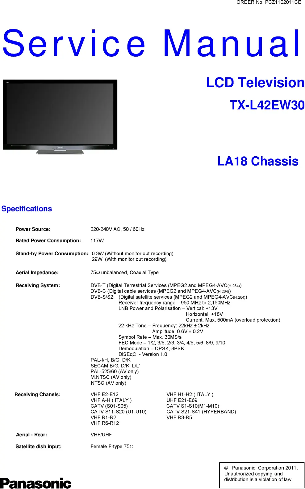 Panasonic tx l42ew30 service manual cover with photo of the television, TV type, chassis code, model code, creation date and document number