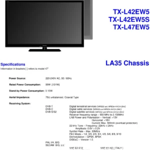 Panasonic tx l42ew5s service manual cover with photo of the television, TV type, chassis code, model code, creation date and document number
