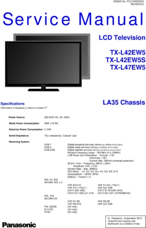 Panasonic tx l42ew5s service manual cover with photo of the television, TV type, chassis code, model code, creation date and document number