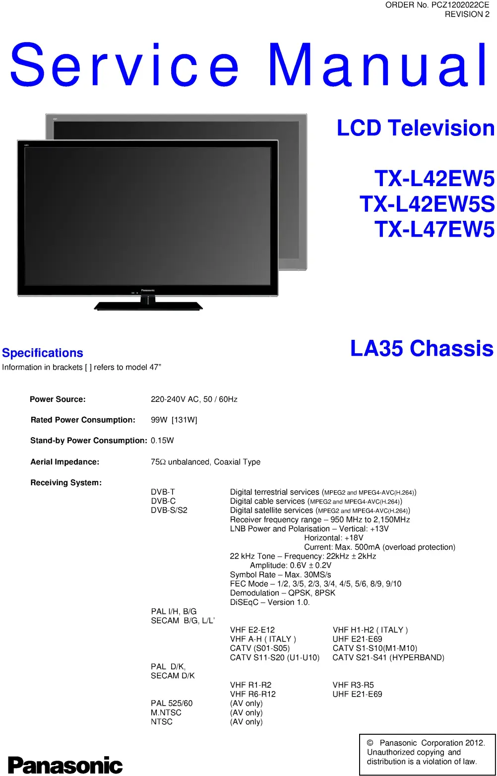 Panasonic tx l42ew5s service manual cover with photo of the television, TV type, chassis code, model code, creation date and document number