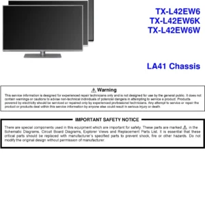 Panasonic tx l42ew6w service manual cover with photo of the television, TV type, chassis code, model code, creation date and document number