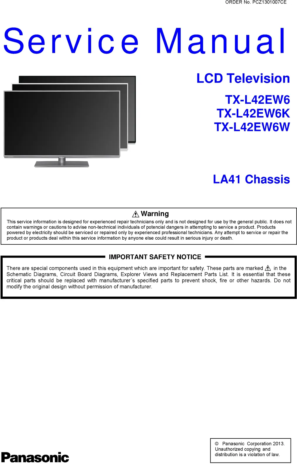 Panasonic tx l42ew6w service manual cover with photo of the television, TV type, chassis code, model code, creation date and document number