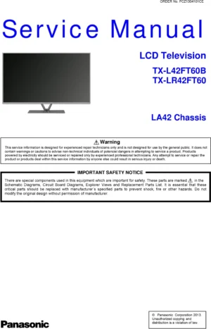 Panasonic tx l42ft60b service manual cover with photo of the television, TV type, chassis code, model code, creation date and document number